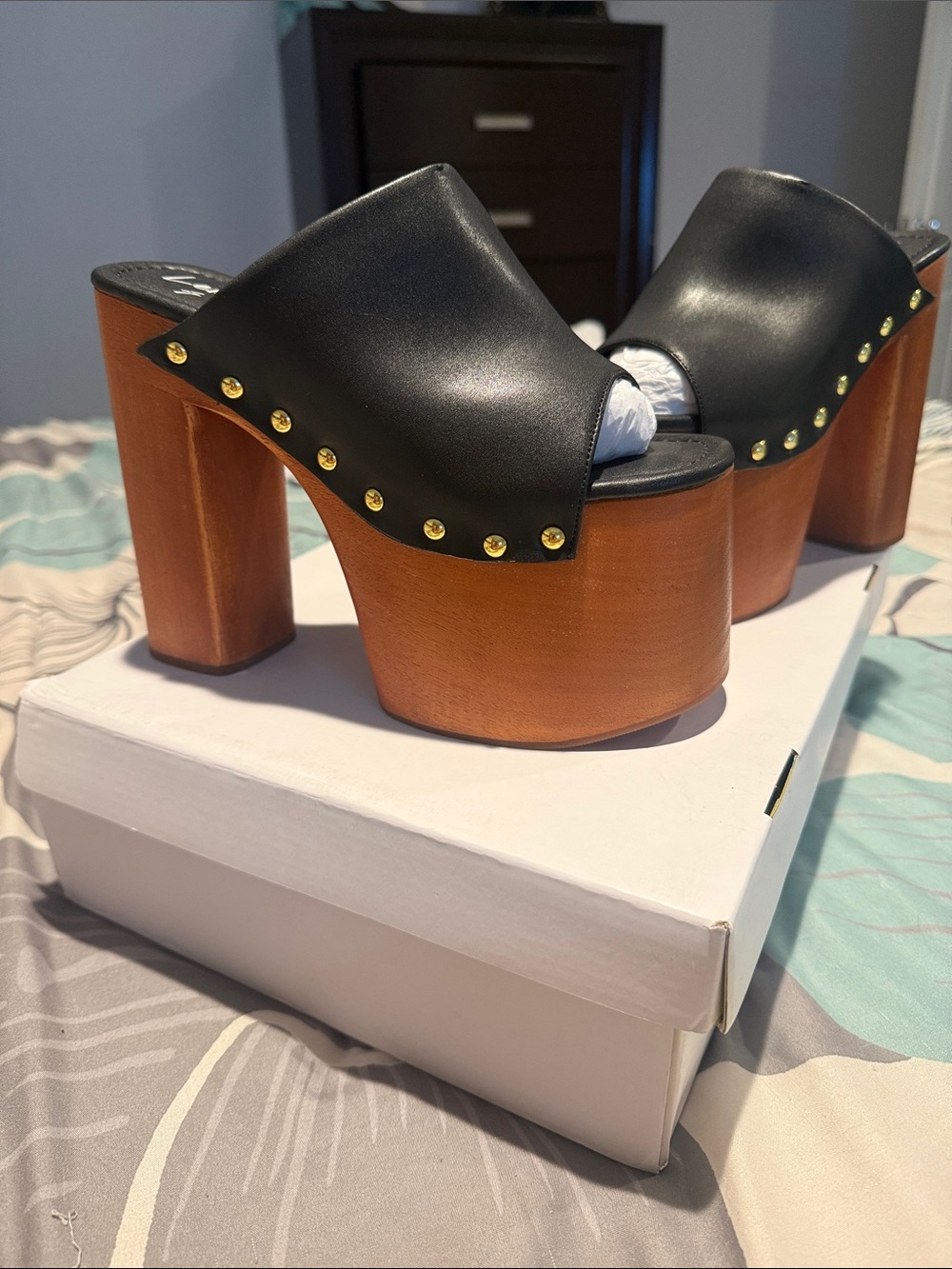 Privileged foreman black Platform Mule with Wood-Effect Heel and Gold Studs
